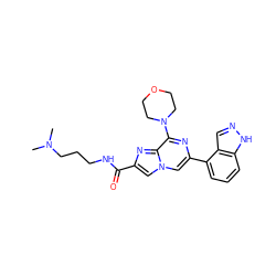 CN(C)CCCNC(=O)c1cn2cc(-c3cccc4[nH]ncc34)nc(N3CCOCC3)c2n1 ZINC000073310700