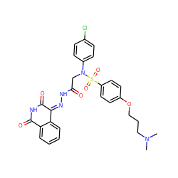 CN(C)CCCOc1ccc(S(=O)(=O)N(CC(=O)N/N=C2\C(=O)NC(=O)c3ccccc32)c2ccc(Cl)cc2)cc1 ZINC000028562792