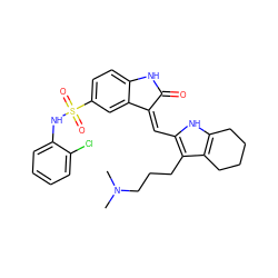 CN(C)CCCc1c(/C=C2\C(=O)Nc3ccc(S(=O)(=O)Nc4ccccc4Cl)cc32)[nH]c2c1CCCC2 ZINC000029554110