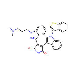 CN(C)CCCn1nc(C2=C(c3cn(-c4csc5ccccc45)c4ccccc34)C(=O)NC2=O)c2ccccc21 ZINC000028114540