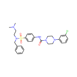 CN(C)CCN(Cc1ccccc1)S(=O)(=O)c1ccc(NC(=O)N2CCN(c3cccc(Cl)c3)CC2)cc1 ZINC000653697670