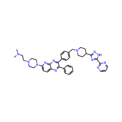 CN(C)CCN1CCN(c2ccc3nc(-c4ccccc4)c(-c4ccc(CN5CCC(c6n[nH]c(-c7ncccn7)n6)CC5)cc4)nc3n2)CC1 ZINC000049898192