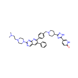 CN(C)CCN1CCN(c2ncc3cc(-c4ccccc4)c(-c4ccc(CN5CCC(c6n[nH]c(-c7ccc(=O)[nH]c7)n6)CC5)cc4)nc3n2)CC1 ZINC000049898780