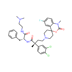 CN(C)CCNC(=O)[C@@H](Cc1ccccc1)NC(=O)[C@](C)(CCN1CCC2(CC1)OC(=O)N(C)c1ccc(F)cc12)c1ccc(Cl)c(Cl)c1 ZINC000169350429