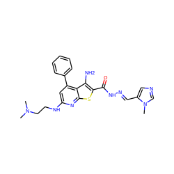 CN(C)CCNc1cc(-c2ccccc2)c2c(N)c(C(=O)N/N=C/c3cncn3C)sc2n1 ZINC000071316220