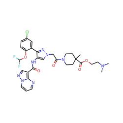 CN(C)CCOC(=O)C1(C)CCN(C(=O)Cn2cc(NC(=O)c3cnn4cccnc34)c(-c3cc(Cl)ccc3OC(F)F)n2)CC1 ZINC001772613523