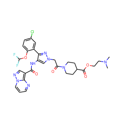 CN(C)CCOC(=O)C1CCN(C(=O)Cn2cc(NC(=O)c3cnn4cccnc34)c(-c3cc(Cl)ccc3OC(F)F)n2)CC1 ZINC001772600939