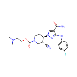 CN(C)CCOC(=O)N1CC[C@@H](n2cc(C(N)=O)c(Nc3ccc(F)cc3)n2)[C@H](C#N)C1 ZINC000221255646