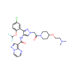 CN(C)CCOC1CCN(C(=O)Cn2cc(NC(=O)c3cnn4cccnc34)c(-c3cc(Cl)ccc3OC(F)F)n2)CC1 ZINC001772602095