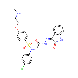 CN(C)CCOc1ccc(S(=O)(=O)N(CC(=O)N/N=C2\C(=O)Nc3ccccc32)c2ccc(Cl)cc2)cc1 ZINC000028563052