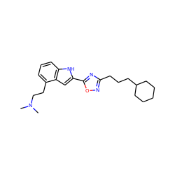 CN(C)CCc1cccc2[nH]c(-c3nc(CCCC4CCCCC4)no3)cc12 ZINC000036311399