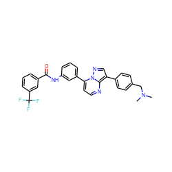 CN(C)Cc1ccc(-c2cnn3c(-c4cccc(NC(=O)c5cccc(C(F)(F)F)c5)c4)ccnc23)cc1 ZINC000044669088