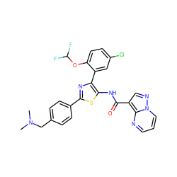 CN(C)Cc1ccc(-c2nc(-c3cc(Cl)ccc3OC(F)F)c(NC(=O)c3cnn4cccnc34)s2)cc1 ZINC001772603257