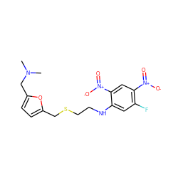 CN(C)Cc1ccc(CSCCNc2cc(F)c([N+](=O)[O-])cc2[N+](=O)[O-])o1 ZINC000013726469