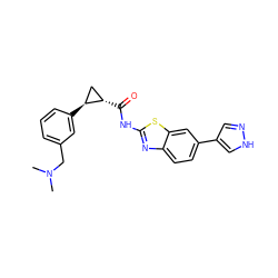 CN(C)Cc1cccc([C@H]2C[C@@H]2C(=O)Nc2nc3ccc(-c4cn[nH]c4)cc3s2)c1 ZINC000103294160