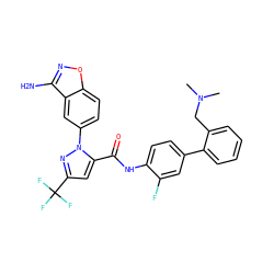 CN(C)Cc1ccccc1-c1ccc(NC(=O)c2cc(C(F)(F)F)nn2-c2ccc3onc(N)c3c2)c(F)c1 ZINC000014950419