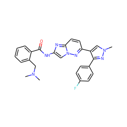 CN(C)Cc1ccccc1C(=O)Nc1cn2nc(-c3cn(C)nc3-c3ccc(F)cc3)ccc2n1 ZINC001772645749