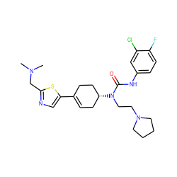CN(C)Cc1ncc(C2=CC[C@@H](N(CCN3CCCC3)C(=O)Nc3ccc(F)c(Cl)c3)CC2)s1 ZINC000028650303