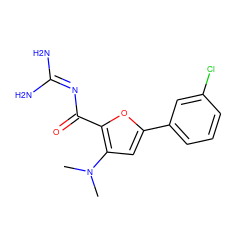 CN(C)c1cc(-c2cccc(Cl)c2)oc1C(=O)N=C(N)N ZINC000028822459