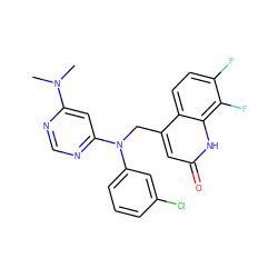 CN(C)c1cc(N(Cc2cc(=O)[nH]c3c(F)c(F)ccc23)c2cccc(Cl)c2)ncn1 ZINC000082152243