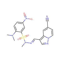 CN(C)c1ccc([N+](=O)[O-])cc1S(=O)(=O)N(C)/N=C/c1cnn2ccc(C#N)cc12 ZINC000073197955