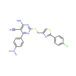 CN(C)c1ccc(-c2nc(SCc3csc(-c4ccc(Cl)cc4)n3)nc(N)c2C#N)cc1 ZINC000169312298