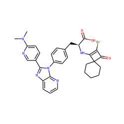 CN(C)c1ccc(-c2nc3cccnc3n2-c2ccc(C[C@H](NC3=C(Br)C(=O)C34CCCCC4)C(=O)O)cc2)cn1 ZINC000100077378