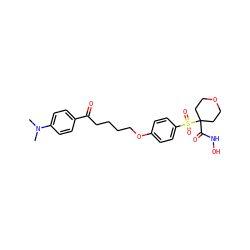 CN(C)c1ccc(C(=O)CCCCOc2ccc(S(=O)(=O)C3(C(=O)NO)CCOCC3)cc2)cc1 ZINC000034251615