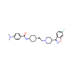 CN(C)c1ccc(C(=O)N[C@H]2CC[C@H](CCN3CCC(c4noc5cc(F)ccc45)CC3)CC2)cc1 ZINC001772624742