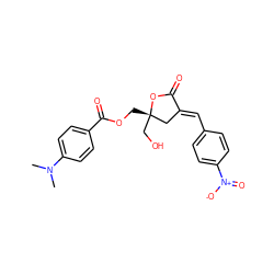 CN(C)c1ccc(C(=O)OC[C@]2(CO)C/C(=C\c3ccc([N+](=O)[O-])cc3)C(=O)O2)cc1 ZINC000042878216