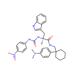 CN(C)c1ccc(C2(CNC(=O)[C@](C)(Cc3c[nH]c4ccccc34)NC(=O)Nc3ccc([N+](=O)[O-])cc3)CCCCC2)cc1 ZINC000026577308