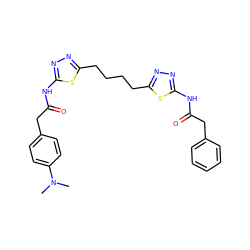 CN(C)c1ccc(CC(=O)Nc2nnc(CCCCc3nnc(NC(=O)Cc4ccccc4)s3)s2)cc1 ZINC000653861116