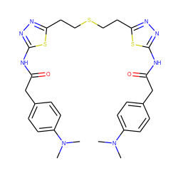 CN(C)c1ccc(CC(=O)Nc2nnc(CCSCCc3nnc(NC(=O)Cc4ccc(N(C)C)cc4)s3)s2)cc1 ZINC000169697923