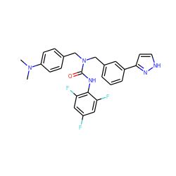 CN(C)c1ccc(CN(Cc2cccc(-c3cc[nH]n3)c2)C(=O)Nc2c(F)cc(F)cc2F)cc1 ZINC000013780000