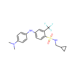 CN(C)c1ccc(Nc2ccc(S(=O)(=O)NCC3CC3)c(C(F)(F)F)c2)cc1 ZINC000145600957