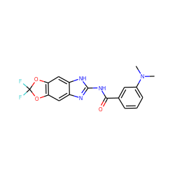 CN(C)c1cccc(C(=O)Nc2nc3cc4c(cc3[nH]2)OC(F)(F)O4)c1 ZINC000211176203