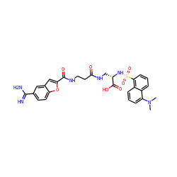 CN(C)c1cccc2c(S(=O)(=O)N[C@@H](CNC(=O)CCNC(=O)c3cc4cc(C(=N)N)ccc4o3)C(=O)O)cccc12 ZINC000027432481