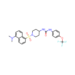 CN(C)c1cccc2c(S(=O)(=O)N3CCC(NC(=O)Nc4ccc(OC(F)(F)F)cc4)CC3)cccc12 ZINC000064541175