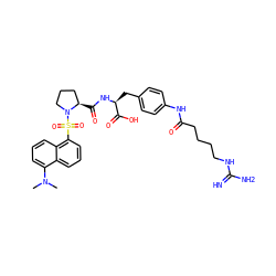 CN(C)c1cccc2c(S(=O)(=O)N3CCC[C@H]3C(=O)N[C@@H](Cc3ccc(NC(=O)CCCCNC(=N)N)cc3)C(=O)O)cccc12 ZINC001772585719