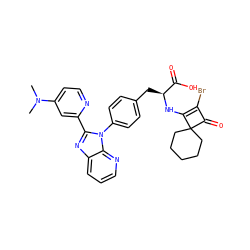 CN(C)c1ccnc(-c2nc3cccnc3n2-c2ccc(C[C@H](NC3=C(Br)C(=O)C34CCCCC4)C(=O)O)cc2)c1 ZINC000100077364