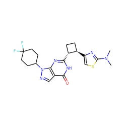 CN(C)c1nc([C@@H]2CC[C@H]2c2nc3c(cnn3C3CCC(F)(F)CC3)c(=O)[nH]2)cs1 ZINC000145057597