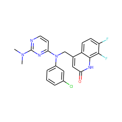 CN(C)c1nccc(N(Cc2cc(=O)[nH]c3c(F)c(F)ccc23)c2cccc(Cl)c2)n1 ZINC000082152240