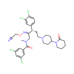 CN(C/C(=N\OCC#N)[C@@H](CCN1CCC(N2CCCCC2=O)CC1)c1ccc(Cl)c(Cl)c1)C(=O)c1cc(Cl)cc(Cl)c1 ZINC000027982448