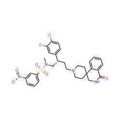 CN(C[C@@H](CCN1CCC2(CC1)CNC(=O)c1ccccc12)c1ccc(Cl)c(Cl)c1)S(=O)(=O)c1cccc([N+](=O)[O-])c1 ZINC000150608519