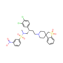 CN(C[C@@H](CCN1CCC2(CC1)CS(=O)(=O)c1ccccc12)c1ccc(Cl)c(Cl)c1)S(=O)(=O)c1cccc([N+](=O)[O-])c1 ZINC000026579495