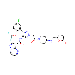 CN(C[C@@H]1CCC(=O)O1)C1CCN(C(=O)Cn2cc(NC(=O)c3cnn4cccnc34)c(-c3cc(Cl)ccc3OC(F)F)n2)CC1 ZINC001772612448