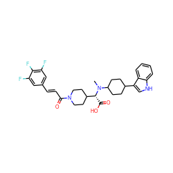 CN(C1CCC(c2c[nH]c3ccccc23)CC1)[C@H](C(=O)O)C1CCN(C(=O)/C=C/c2cc(F)c(F)c(F)c2)CC1 ZINC000073195682