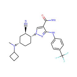 CN(C1CCC1)[C@H]1CC[C@@H](n2cc(C(N)=O)c(Nc3ccc(C(F)(F)F)cc3)n2)[C@H](C#N)C1 ZINC000221862664