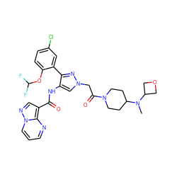 CN(C1CCN(C(=O)Cn2cc(NC(=O)c3cnn4cccnc34)c(-c3cc(Cl)ccc3OC(F)F)n2)CC1)C1COC1 ZINC001772656952