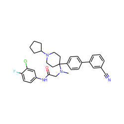 CN(CC(=O)Nc1ccc(F)c(Cl)c1)C1(c2ccc(-c3cccc(C#N)c3)cc2)CCN(C2CCCC2)CC1 ZINC000038157911